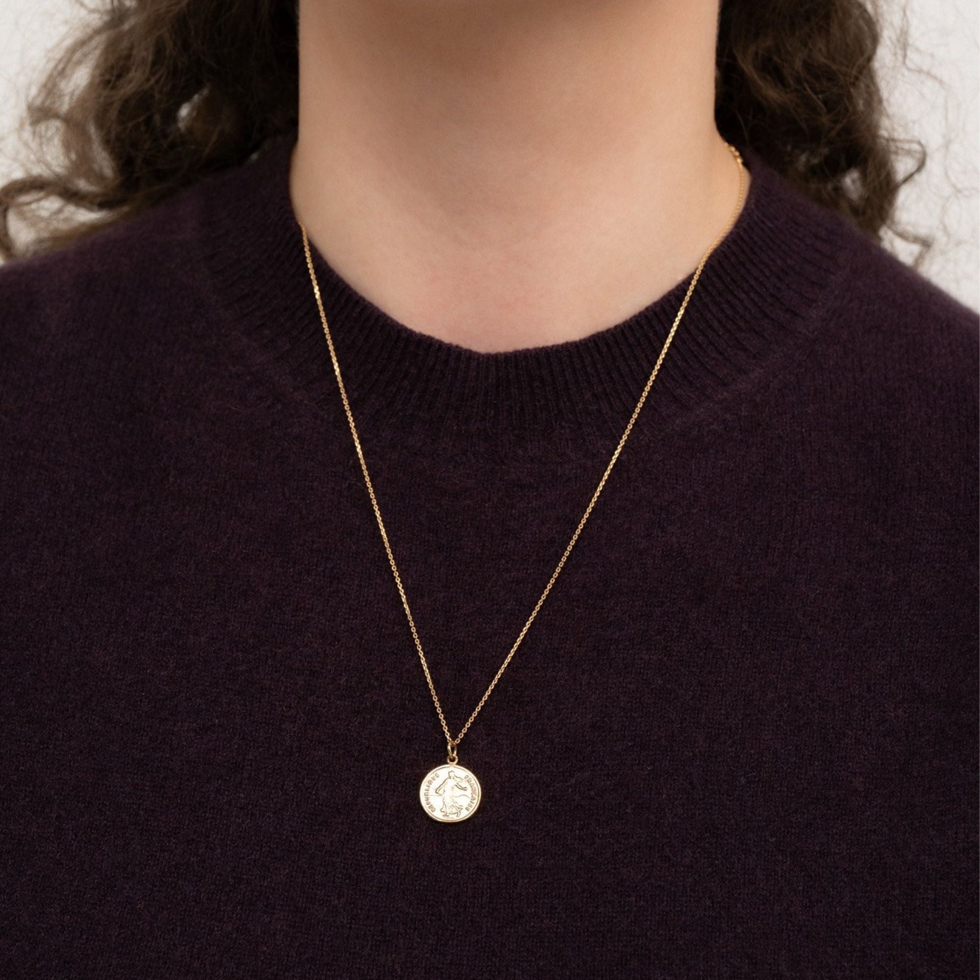 Bellara French coin pendant necklace on model – handmade jewellery Finland