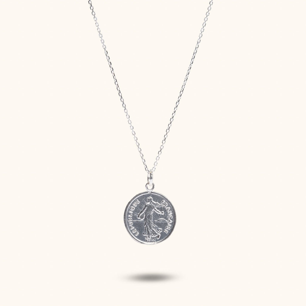 Bellara silver  French coin pendant necklace flat lay – Omasi Collection