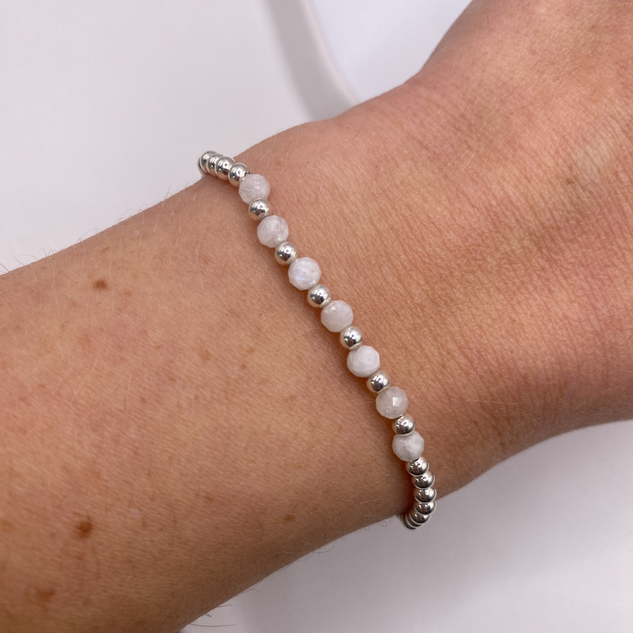 Sirena silver moonstone bracelet on wrist – handmade jewellery Finland