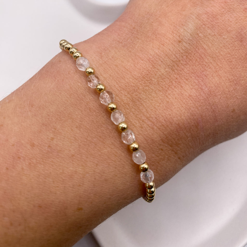 Sirena gold-filled crystal quartz bracelet on wrist – Omasi Collection