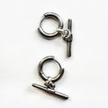 Mova silver tone T-bar hoop earrings in nickel-free surgical steel, flat lay – Omasi Collection